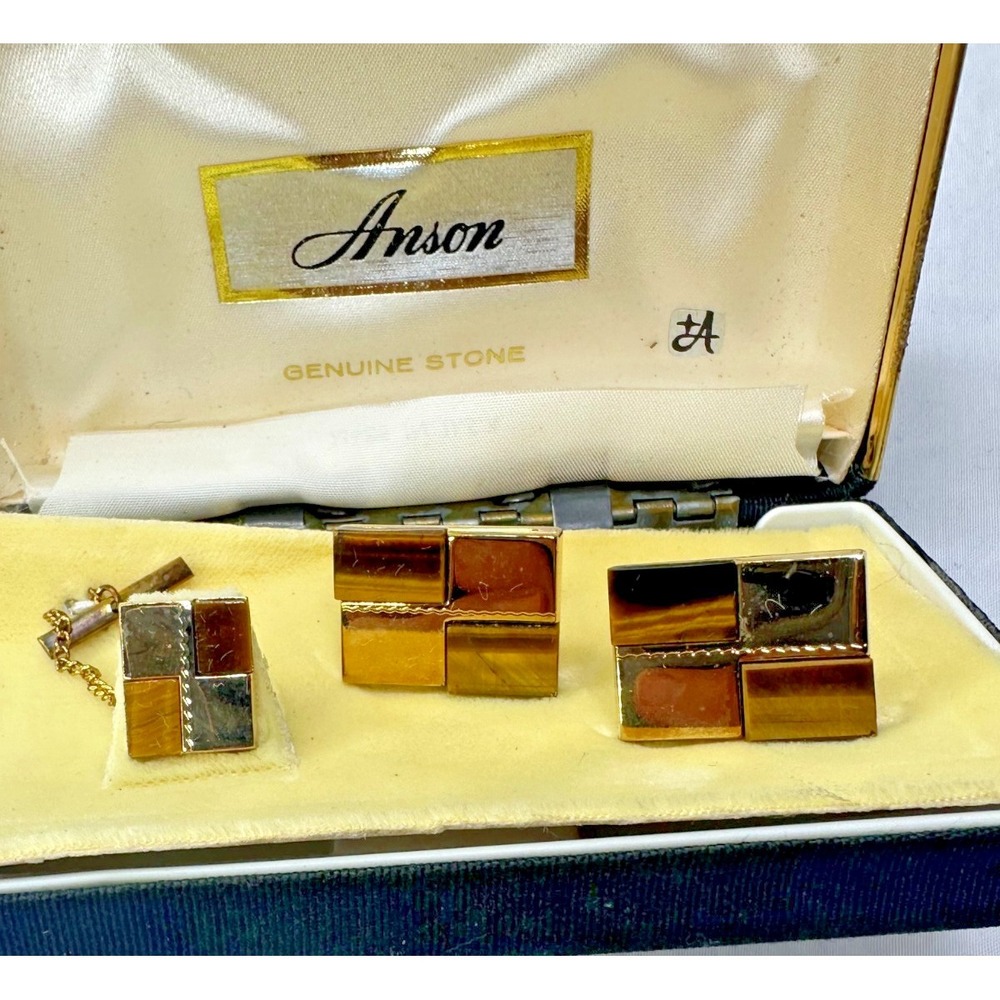 Anson Cufflinks Tie Tack Set Tigers Eye Gold Tone Brown Rectangle Boxed VTG